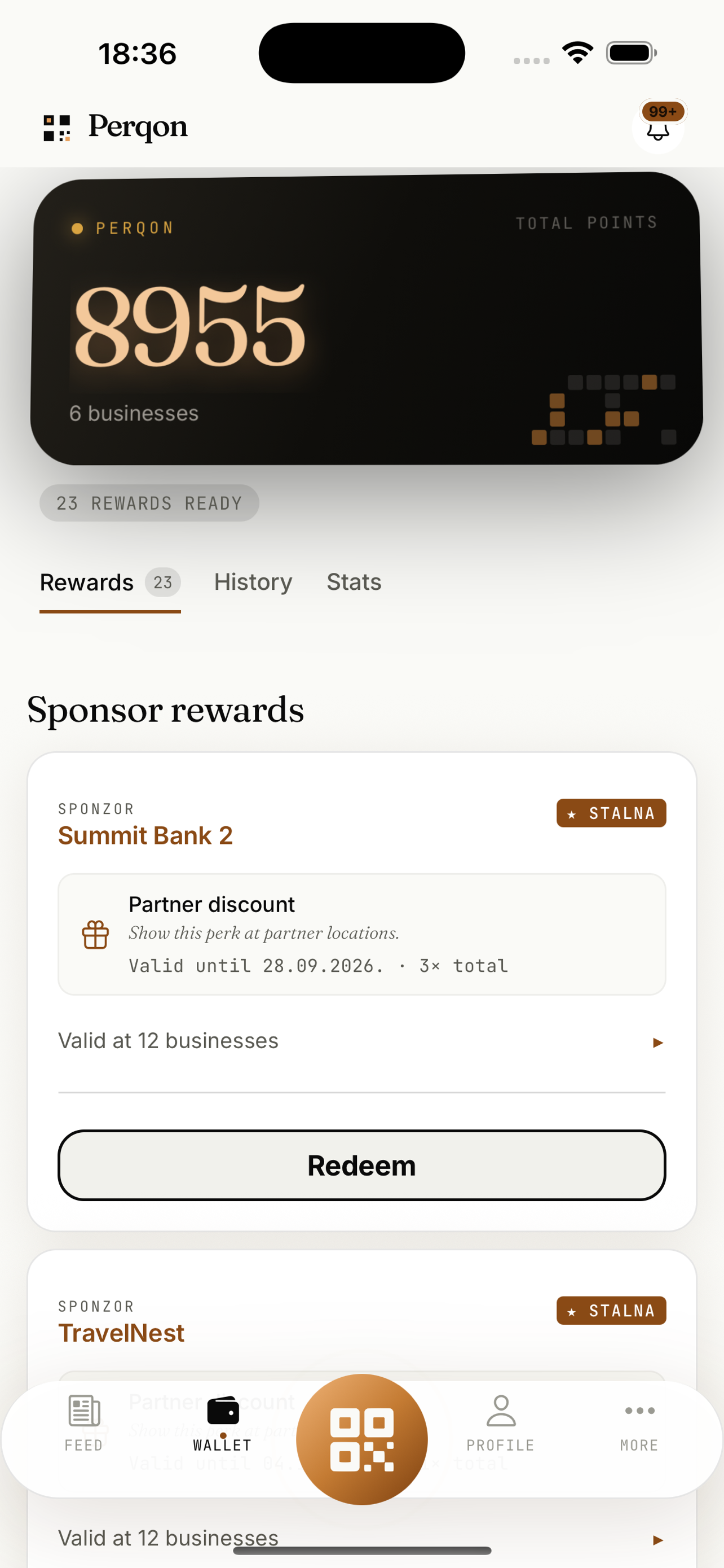 Perqon guest loyalty wallet showing points and rewards ready