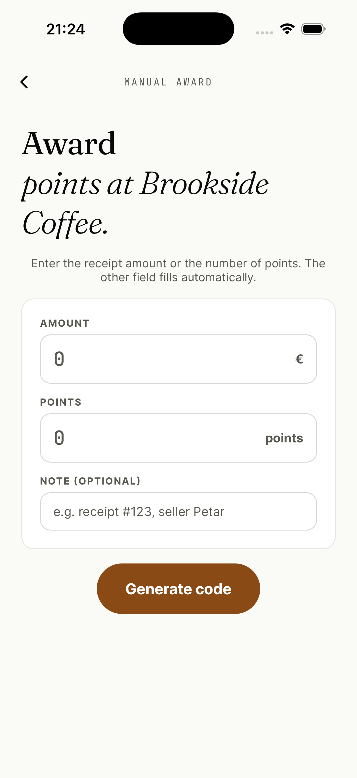 Perqon manual point award screen with amount, points and note fields