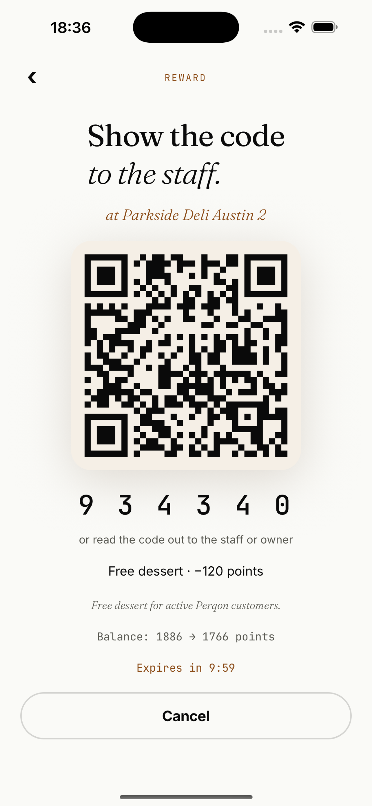 Perqon reward redemption screen with QR code and 6-digit code