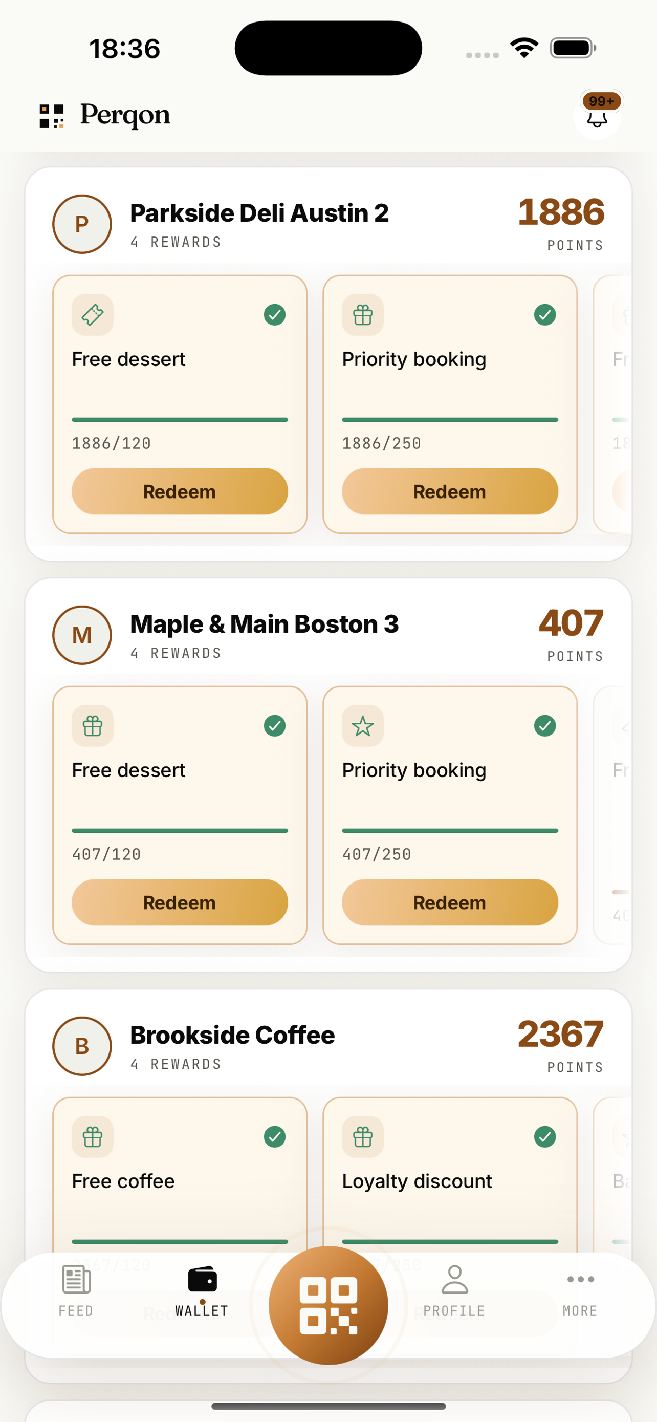 Perqon reward cards with progress and a Redeem button